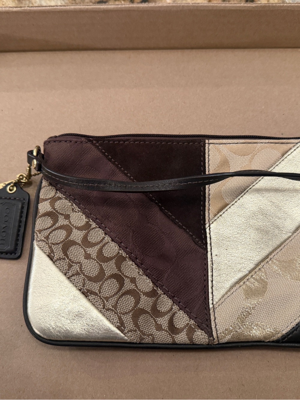 Coach Patchwork Wristlet in Brown, Gold and Cream